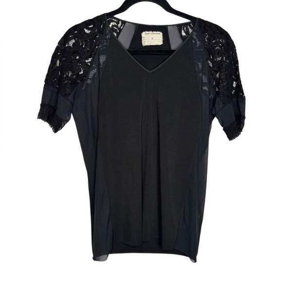Gary Graham Designer Quiet Luxury Short Sleeve Lace Jersey Mesh Blouse Small - Picture 2 of 14
